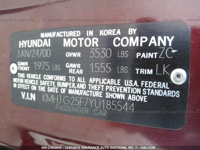 KMHJG25F7YU185544 - 2000 HYUNDAI TIBURON RED photo 9