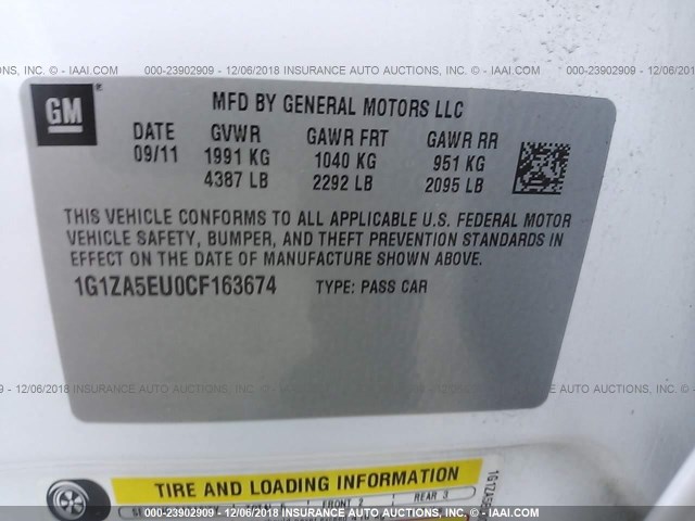 1G1ZA5EU0CF163674 - 2012 CHEVROLET MALIBU LS WHITE photo 9