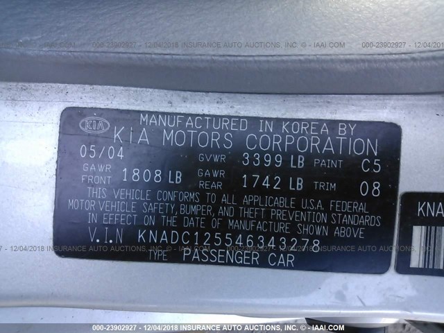 KNADC125546343278 - 2004 KIA RIO SILVER photo 9