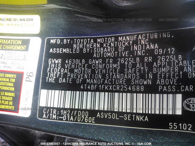 4T4BF1FKXCR254688 - 2012 TOYOTA CAMRY SE/LE/XLE 蓝色 照片 9