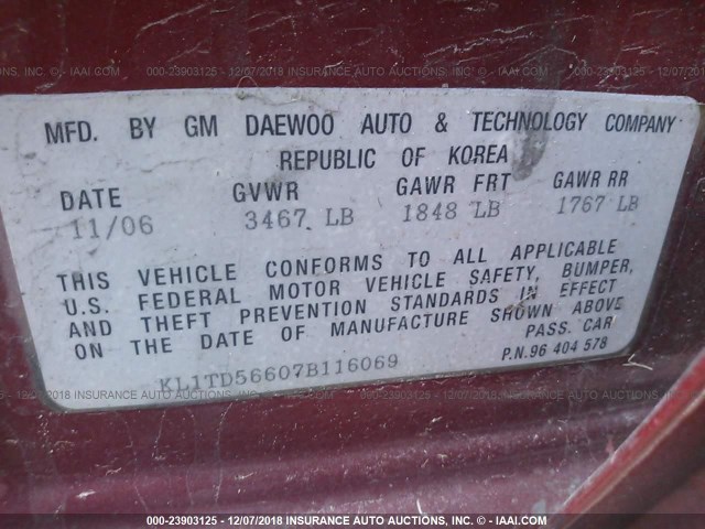 KL1TD56607B116069 - 2007 CHEVROLET AVEO LS RED photo 9