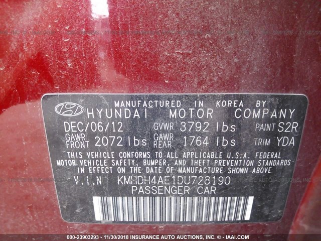 KMHDH4AE1DU728190 - 2013 HYUNDAI ELANTRA GLS/LIMITED RED photo 9