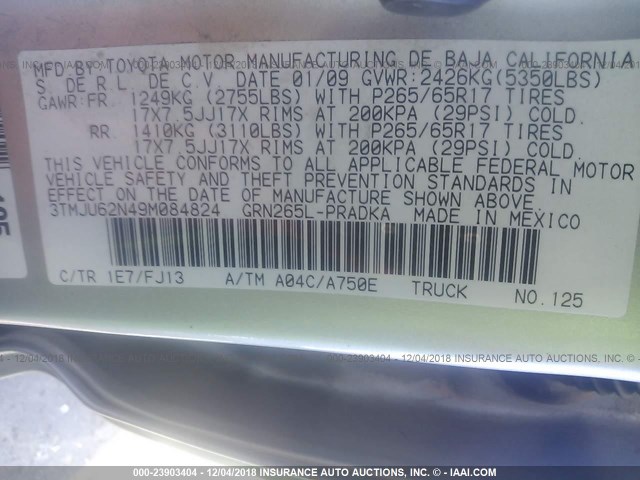 3TMJU62N49M084824 - 2009 TOYOTA TACOMA DOUBLE CAB PRERUNNER SILVER photo 9