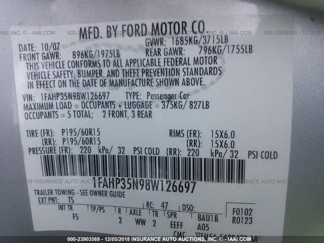 1FAHP35N98W126697 - 2008 FORD FOCUS SE/SEL/SES SILVER photo 9