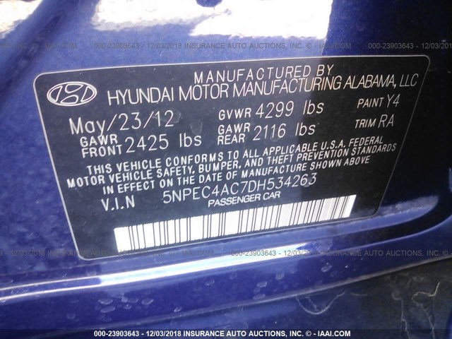 5NPEC4AC7DH534263 - 2013 HYUNDAI SONATA SE/LIMITED BLUE photo 9