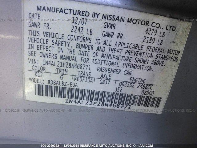 1N4AL21E28N468771 - 2008 NISSAN ALTIMA 2.5/2.5S SILVER photo 9