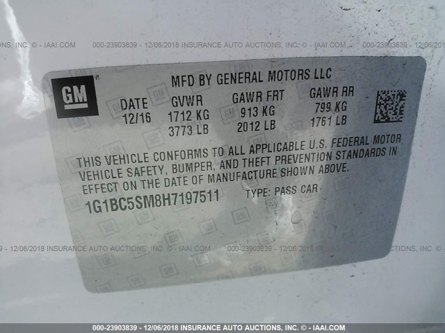 1G1BC5SM8H7197511 - 2017 CHEVROLET CRUZE LS 白色 照片 9