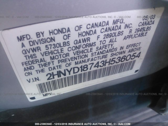 2HNYD18743H536054 - 2003 ACURA MDX TOURING SILVER photo 9