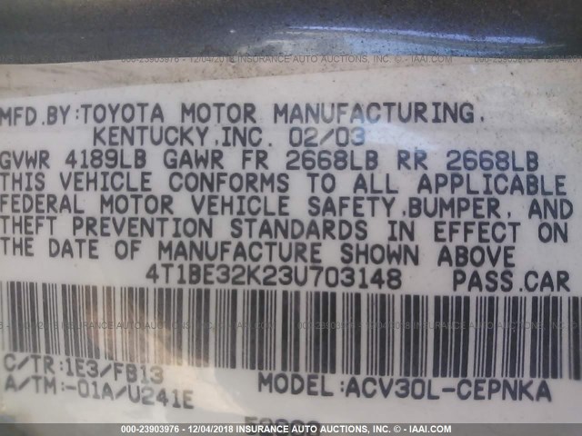 4T1BE32K23U703148 - 2003 TOYOTA CAMRY LE/XLE/SE GRAY photo 9