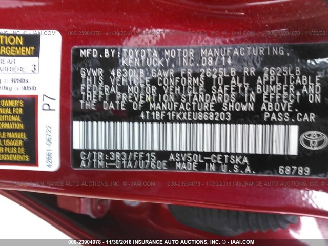 4T1BF1FKXEU868203 - 2014 TOYOTA CAMRY L/SE/LE/XLE 红色 照片 9
