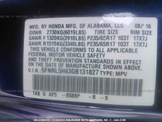 5FNRL5H63GB131827 - 2016 HONDA ODYSSEY EXL Dark Blue photo 9