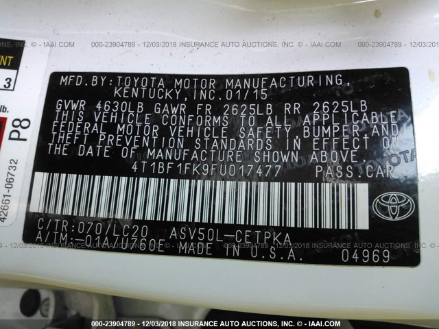 4T1BF1FK9FU017477 - 2015 TOYOTA CAMRY LE/XLE/SE/XSE WHITE photo 9