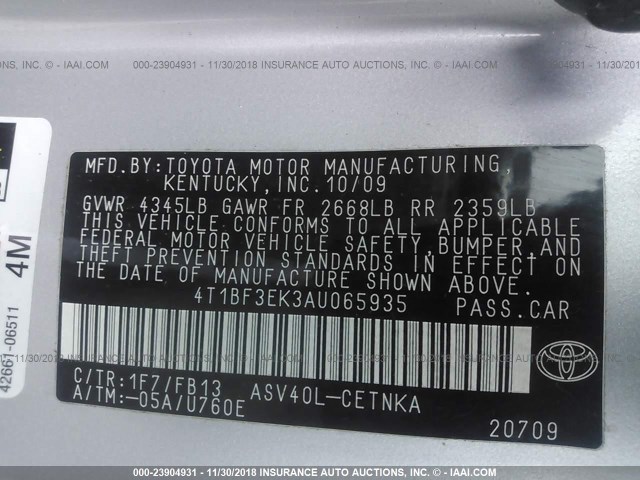 4T1BF3EK3AU065935 - 2010 TOYOTA CAMRY SE/LE/XLE SILVER photo 9