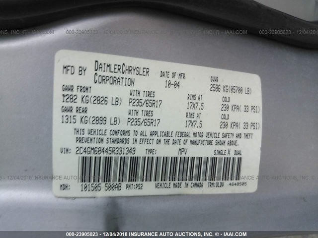 2C4GM68445R331349 - 2005 CHRYSLER PACIFICA TOURING SILVER photo 9