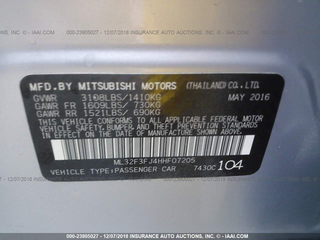 ML32F3FJ4HHF07205 - 2017 MITSUBISHI MIRAGE G4 ES Көк фото 9