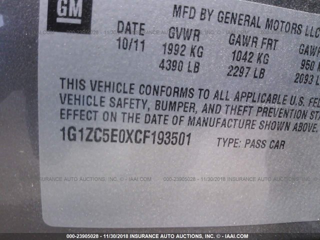 1G1ZC5E0XCF193501 - 2012 CHEVROLET MALIBU 1LT 栗色 照片 9