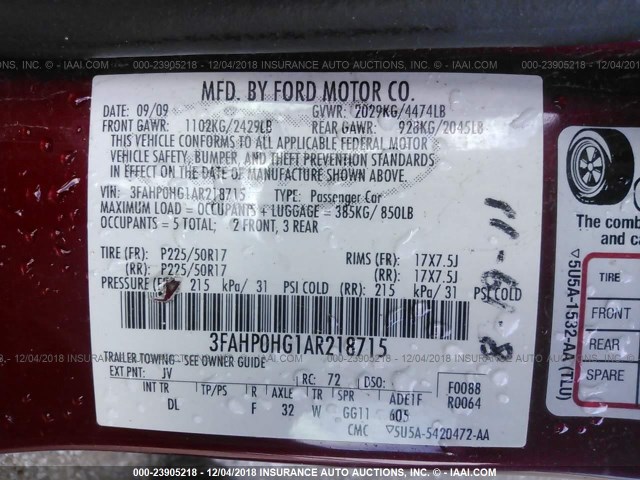 3FAHP0HG1AR218715 - 2010 FORD FUSION SE RED photo 9