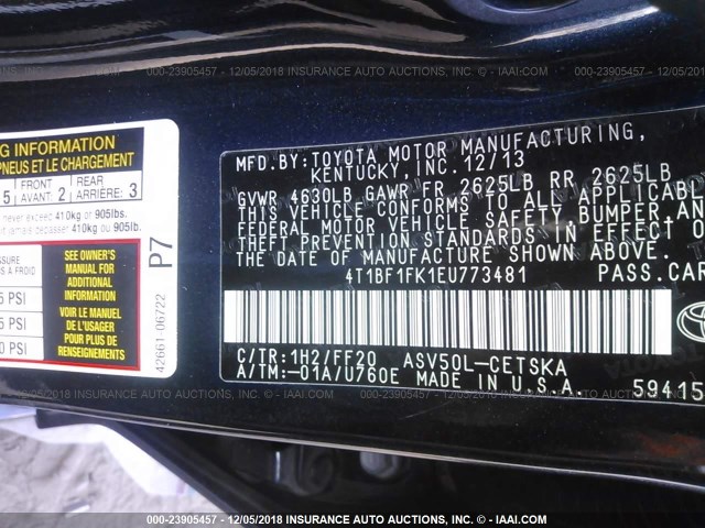 4T1BF1FK1EU773481 - 2014 TOYOTA CAMRY L/SE/LE/XLE 蓝色 照片 9