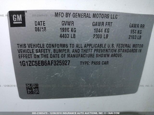 1G1ZC5EB6AF325927 - 2010 CHEVROLET MALIBU 1LT WHITE photo 9