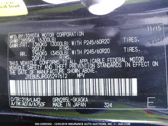 JTEBU5JR0G5297612 - 2016 TOYOTA 4RUNNER SR5 PREM/LTDL/TRAIL/TRD 黑色 照片 9