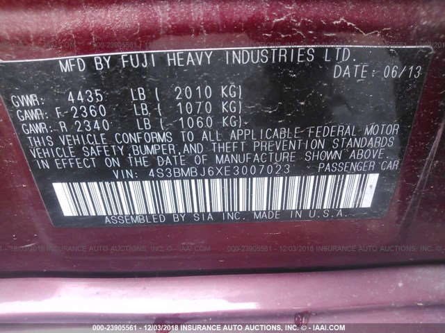 4S3BMBJ6XE3007023 - 2014 SUBARU LEGACY 2.5I SPORT MAROON photo 9