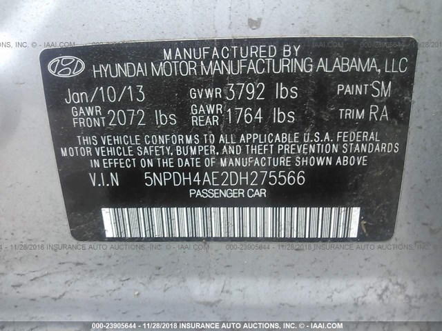 5NPDH4AE2DH275566 - 2013 HYUNDAI ELANTRA GLS/LIMITED SILVER photo 9