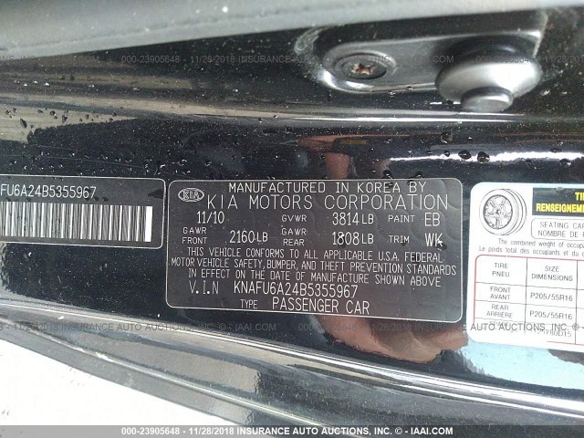 KNAFU6A24B5355967 - 2011 KIA FORTE EX BLACK photo 9