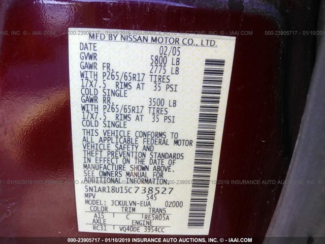 5N1AR18U15C738527 - 2005 NISSAN PATHFINDER LE/SE/XE Bordo foto 9