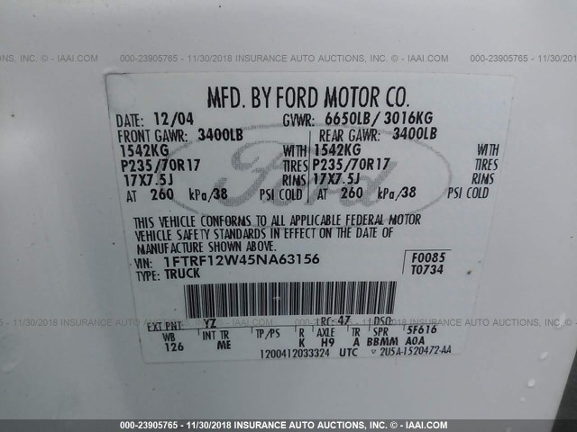 1FTRF12W45NA63156 - 2005 FORD F150 WHITE photo 9