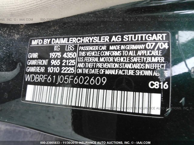 WDBRF61J05F602609 - 2005 MERCEDES-BENZ C 240 GREEN photo 9