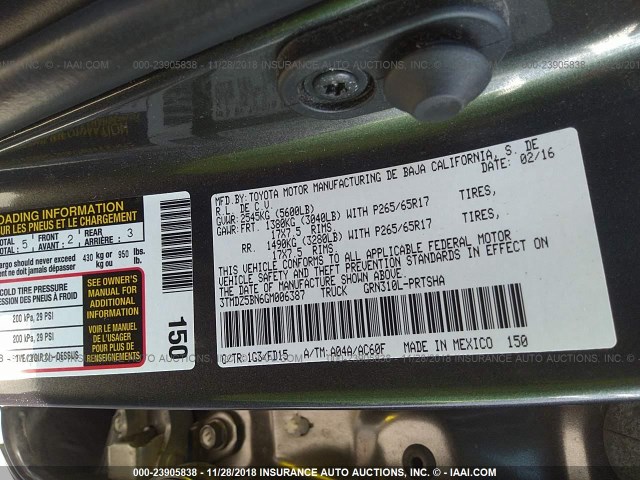 3TMDZ5BN6GM006387 - 2016 TOYOTA TACOMA DBL CAB/SR5/TRD SPORT/OR GRAY photo 9