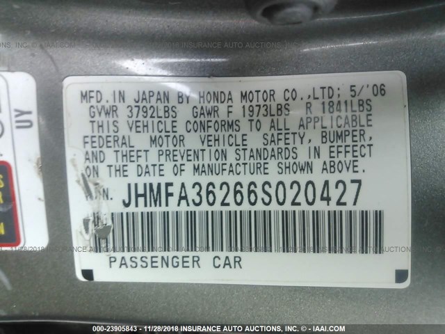 JHMFA36266S020427 - 2006 HONDA CIVIC HYBRID TAN photo 9