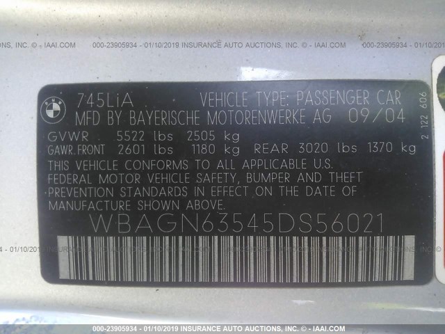 WBAGN63545DS56021 - 2005 BMW 745 LI SILVER photo 9