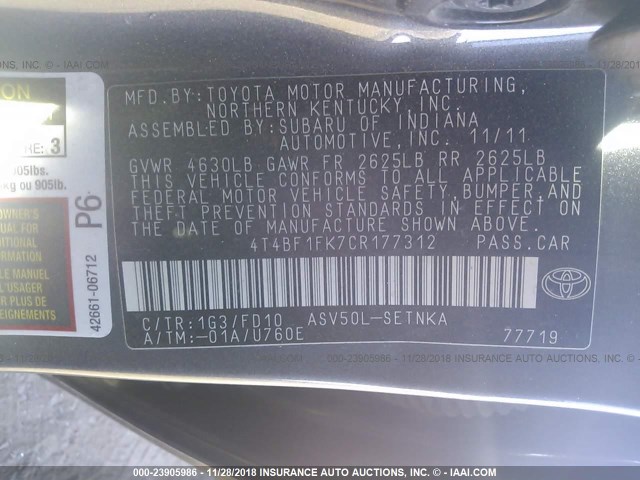 4T4BF1FK7CR177312 - 2012 TOYOTA CAMRY SE/LE/XLE GRAY photo 9