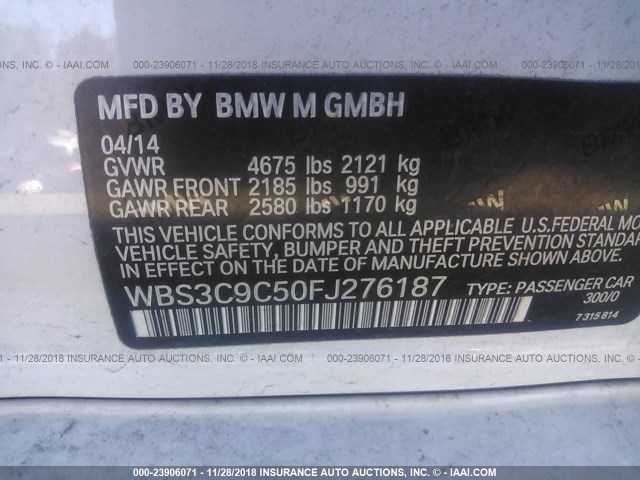 WBS3C9C50FJ276187 - 2015 BMW M3 WHITE photo 9