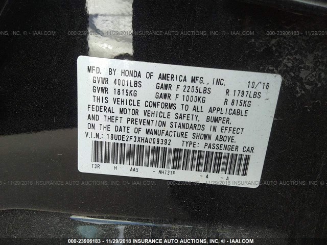 19UDE2F3XHA009392 - 2017 ACURA ILX WATCH PLUS BLACK photo 9