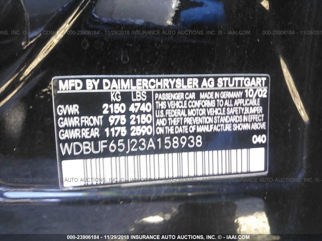 WDBUF65J23A158938 - 2003 MERCEDES-BENZ E 320 BLACK photo 9