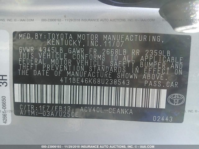 4T1BE46K68U238543 - 2008 TOYOTA CAMRY CE/LE/XLE/SE SILVER photo 9