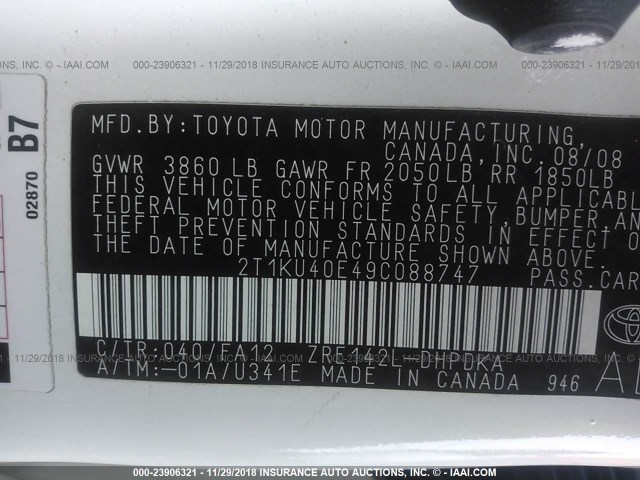 2T1KU40E49C088747 - 2009 TOYOTA COROLLA MATRIX  WHITE photo 9