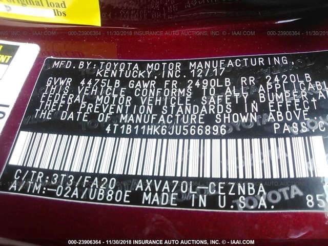 4T1B11HK6JU566896 - 2018 TOYOTA CAMRY L/LE/XLE/SE/XSE RED photo 9