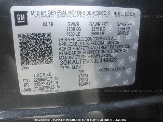 3GKALTEVXJL346423 - 2018 GMC TERRAIN SLE GRAY photo 9