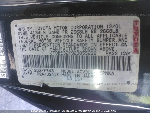 JTDBE32K920055298 - 2002 TOYOTA CAMRY LE/XLE/SE BLACK photo 9