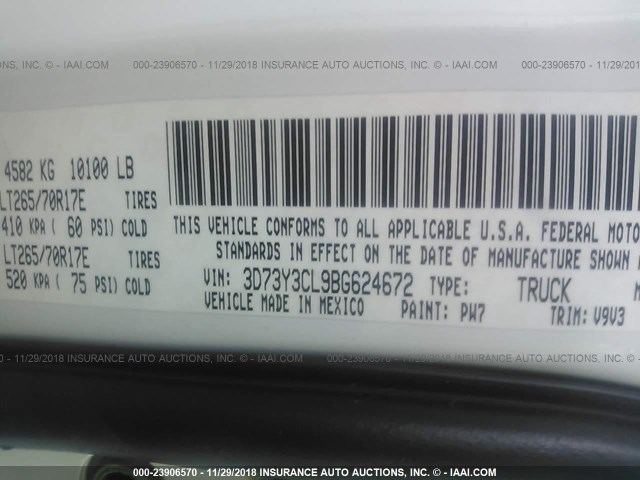 3D73Y3CL9BG624672 - 2011 DODGE RAM 3500 WHITE photo 9