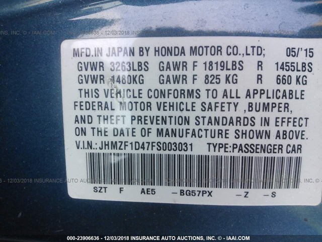 JHMZF1D47FS003031 - 2015 HONDA CR-Z BLUE photo 9