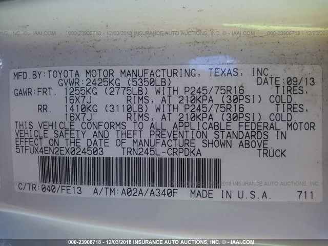 5TFUX4EN2EX024503 - 2014 TOYOTA TACOMA ACCESS CAB თეთრი ფოტო 9