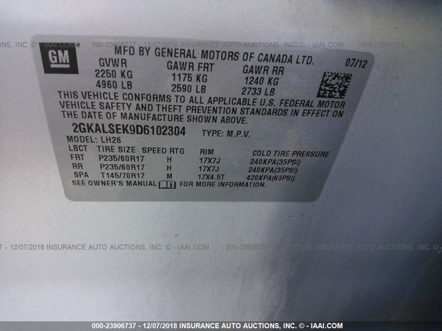 2GKALSEK9D6102304 - 2013 GMC TERRAIN SLE SILVER photo 9