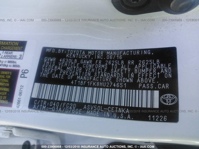 4T1BF1FK8HU274651 - 2017 TOYOTA CAMRY LE/XLE/SE/XSE WHITE photo 9