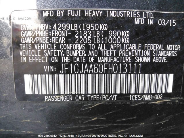 JF1GJAA60FH013111 - 2015 SUBARU IMPREZA BLACK photo 9