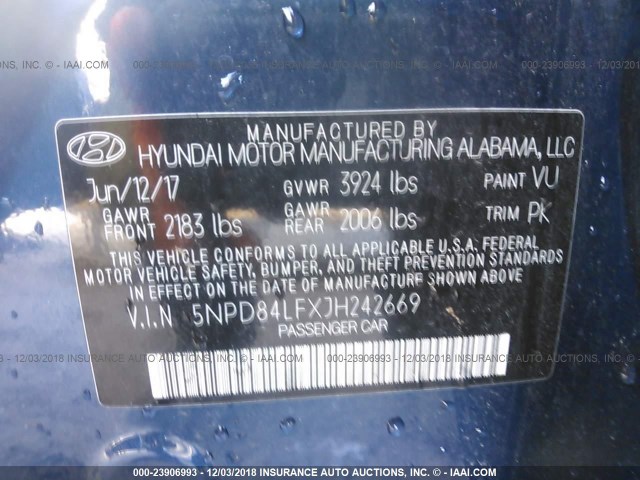 5NPD84LFXJH242669 - 2018 HYUNDAI ELANTRA SEL/VALUE/LIMITED BLUE photo 9