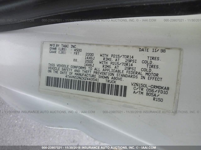 4TAVN52N2XZ443541 - 1999 TOYOTA TACOMA XTRACAB WHITE photo 9